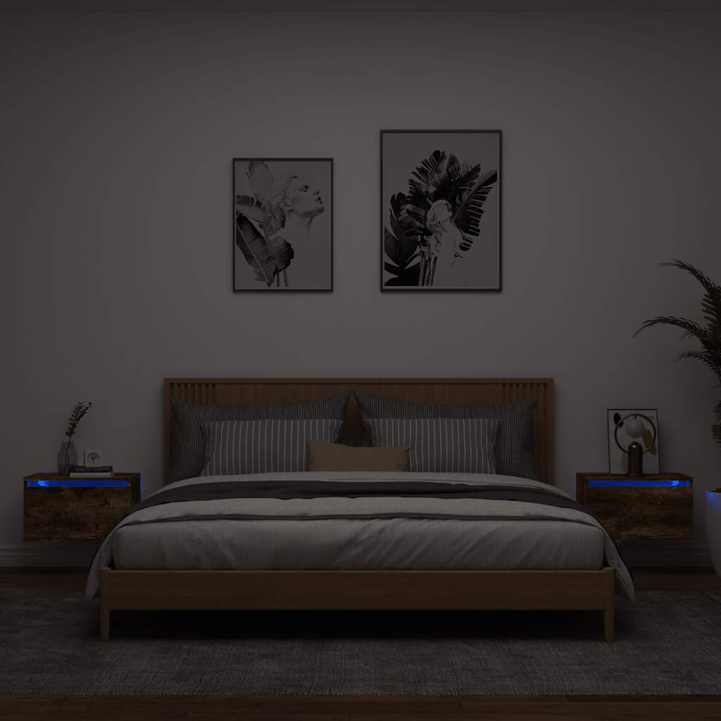 vidaXL Wall-mounted Bedside Cabinets with LED Lights 2 pcs Smoked Oak