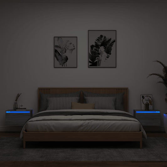 vidaXL Wall-mounted Bedside Cabinets with LED Lights 2 pcs Grey Sonoma