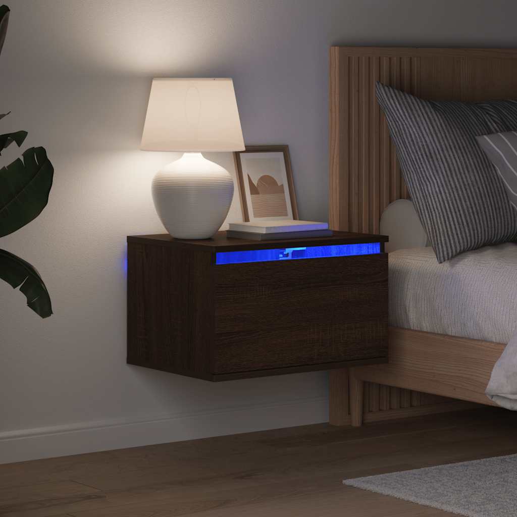 vidaXL Wall-mounted Bedside Cabinet with LED Lights Brown Oak