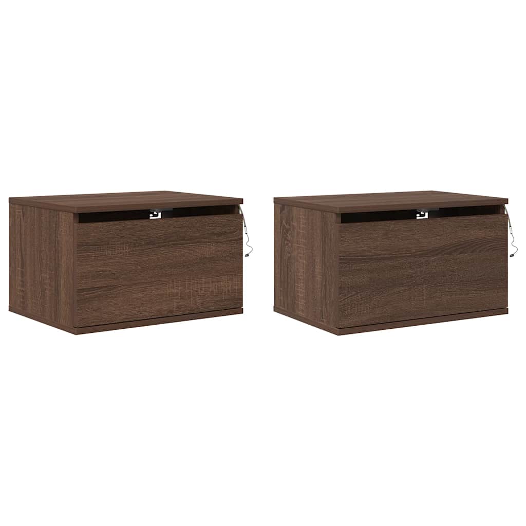 vidaXL Wall-mounted Bedside Cabinets with LED Lights 2 pcs Brown Oak