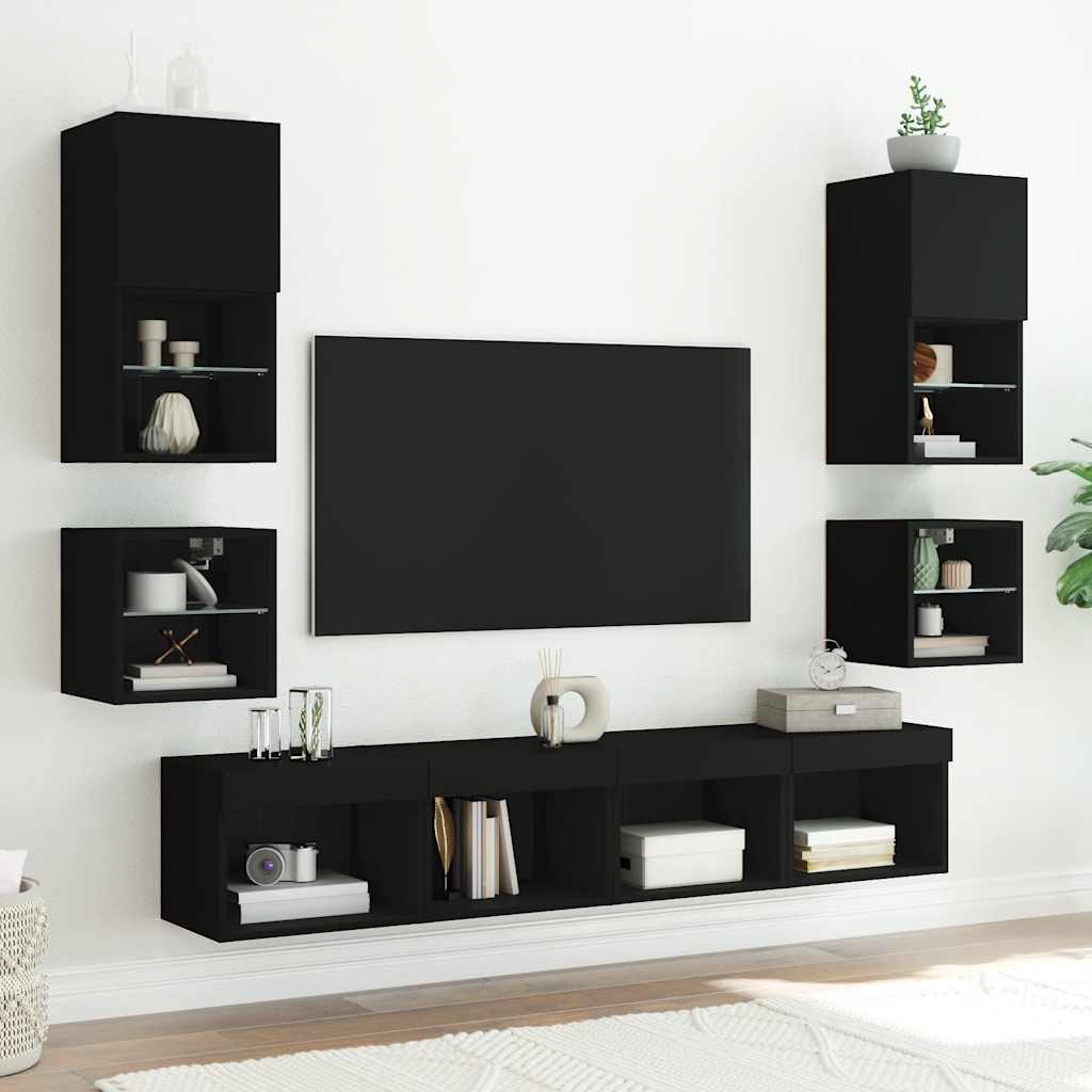 vidaXL TV Wall Cabinet with LED Lights Black 30x28,5x30 cm