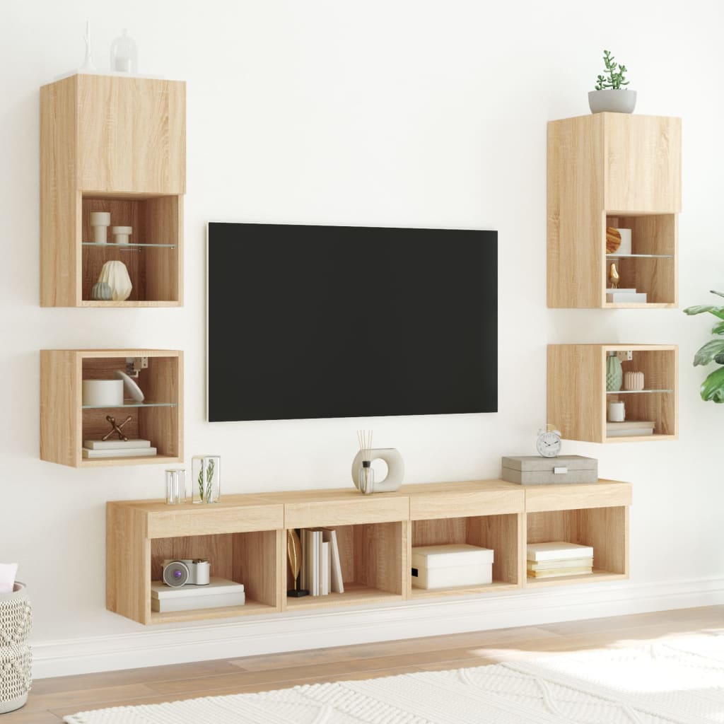 vidaXL TV Wall Cabinets with LED Lights 2 pcs Sonoma Oak 30x28,5x30 cm