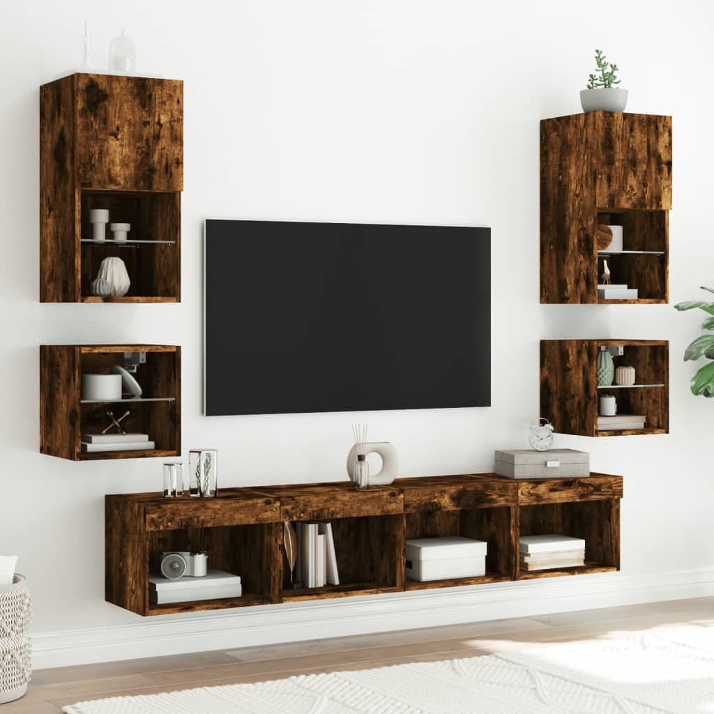 vidaXL TV Wall Cabinets with LED Lights 2 pcs Smoked Oak 30x28,5x30 cm