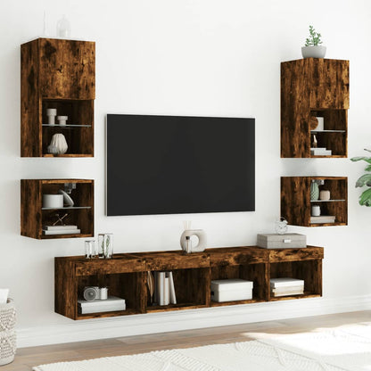 vidaXL TV Wall Cabinets with LED Lights 2 pcs Smoked Oak 30x28,5x30 cm