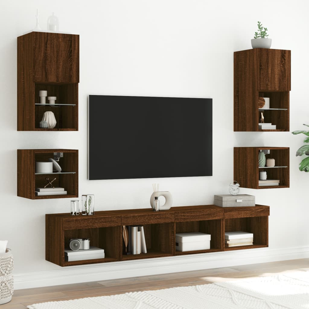 vidaXL TV Wall Cabinet with LED Lights Brown Oak 30x28,5x30 cm