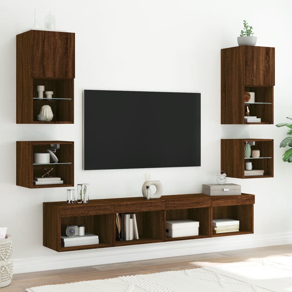 vidaXL TV Wall Cabinets with LED Lights 2 pcs Brown Oak 30x28.5x30 cm