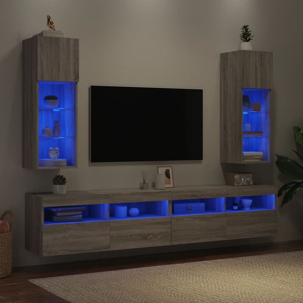 vidaXL 2 Piece TV Cabinet Set with LED Lights Grey Sonoma 30,5x30x90 cm