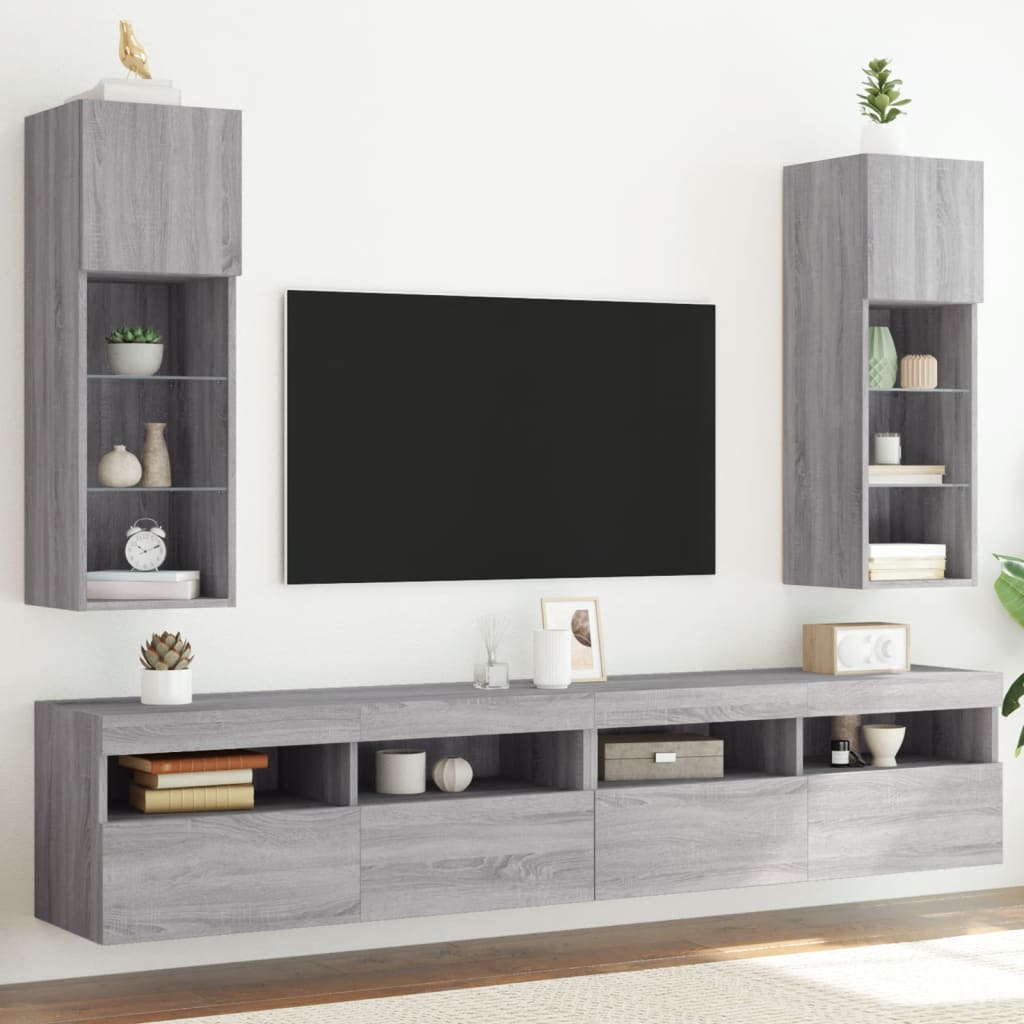 vidaXL 2 Piece TV Cabinet Set with LED Lights Grey Sonoma 30,5x30x90 cm