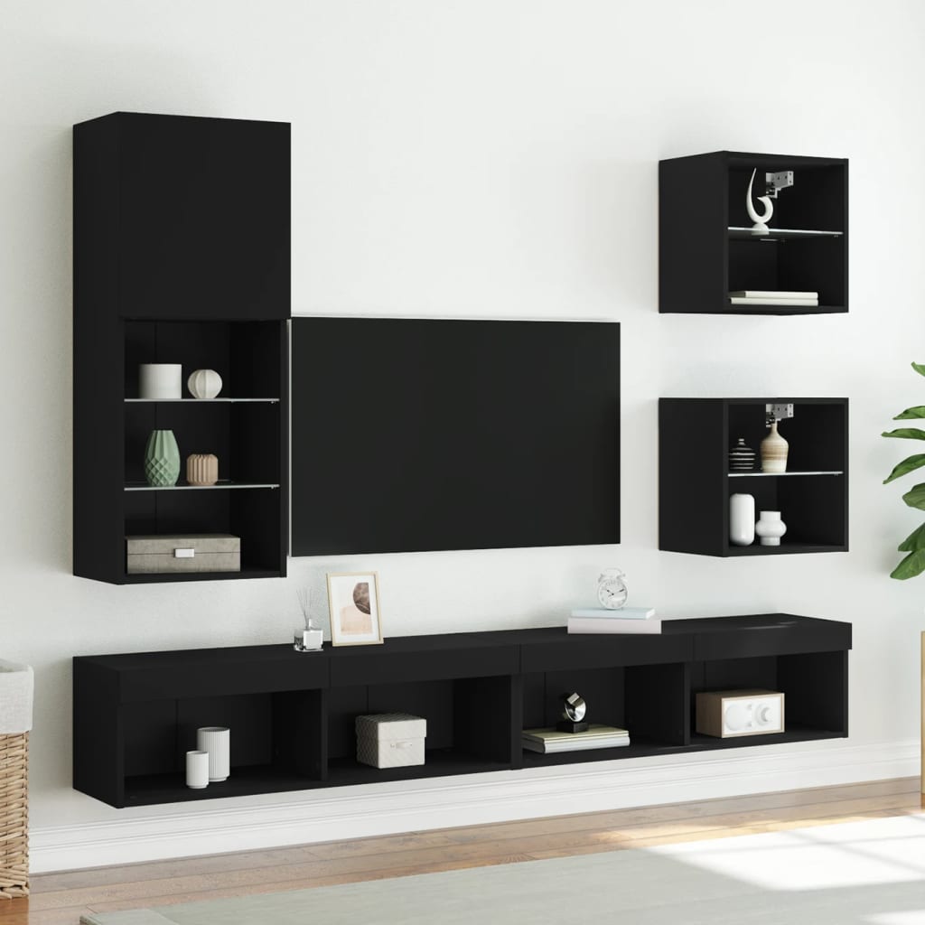 vidaXL Bedside Cabinet with LED Lights Wall-mounted Black