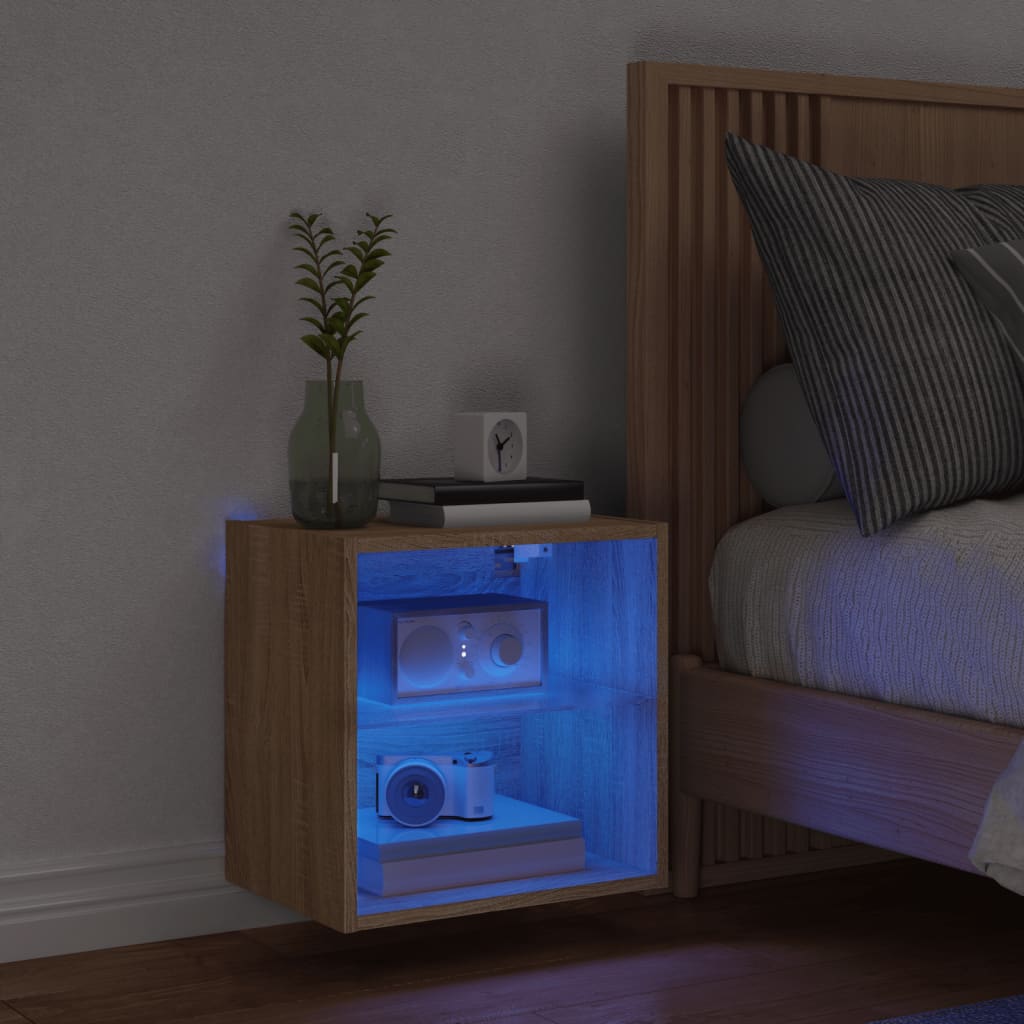 vidaXL Bedside Cabinet with LED Lights Wall-mounted Sonoma Oak