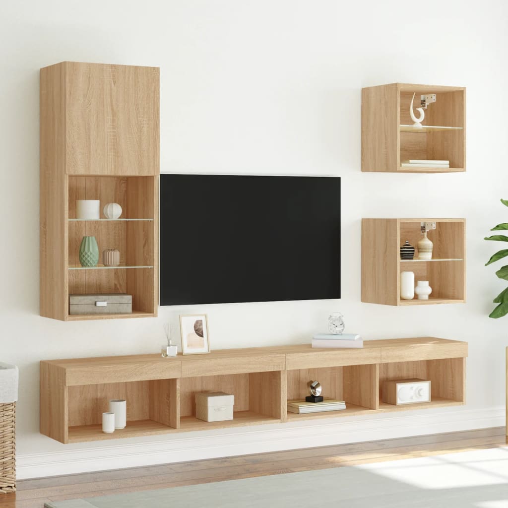 vidaXL Bedside Cabinet with LED Lights Wall-mounted Sonoma Oak