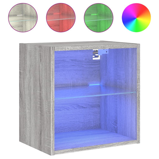 vidaXL Bedside Cabinet with LED Lights Wall-mounted Grey Sonoma
