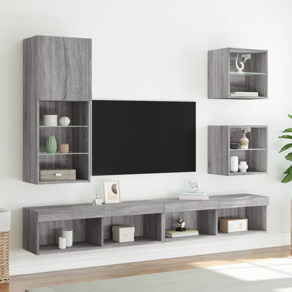 vidaXL Bedside Cabinet with LED Lights Wall-mounted Grey Sonoma