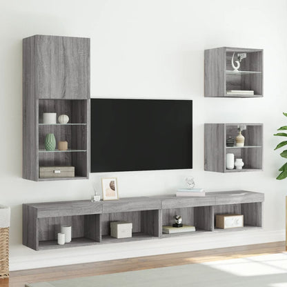 vidaXL Bedside Cabinet with LED Lights Wall-mounted Grey Sonoma