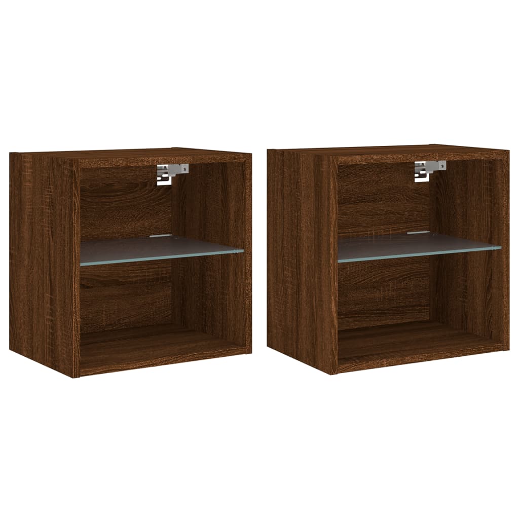 vidaXL Bedside Cabinets with LED Lights Wall-mounted 2 pcs Brown Oak