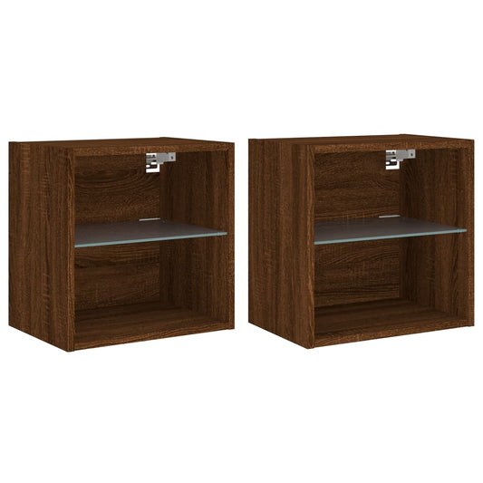 vidaXL Bedside Cabinets with LED Lights Wall-mounted 2 pcs Brown Oak