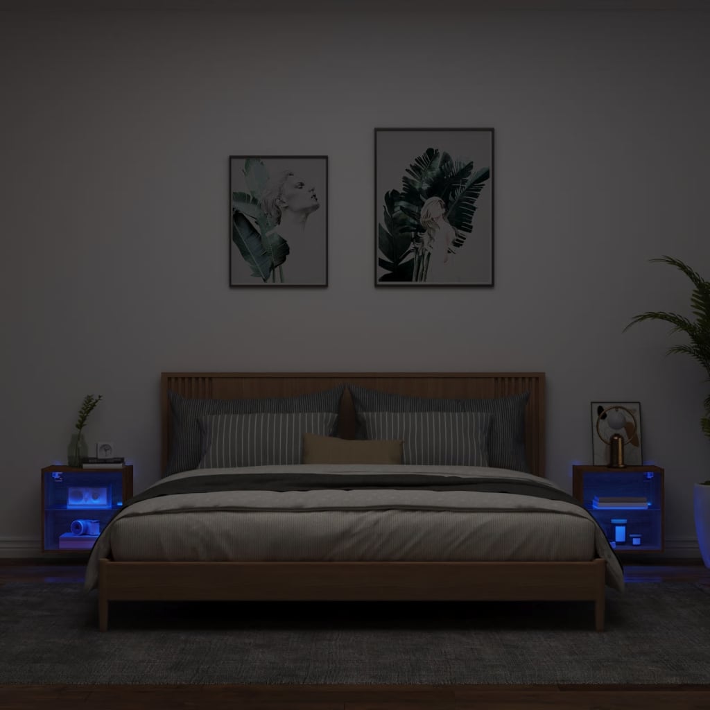 vidaXL Bedside Cabinets with LED Lights Wall-mounted 2 pcs Brown Oak
