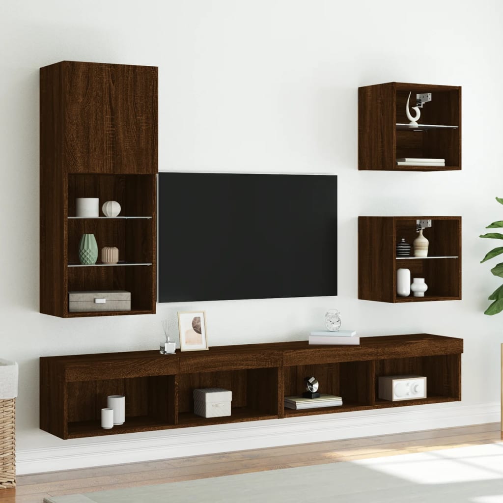 vidaXL Bedside Cabinets with LED Lights Wall-mounted 2 pcs Brown Oak