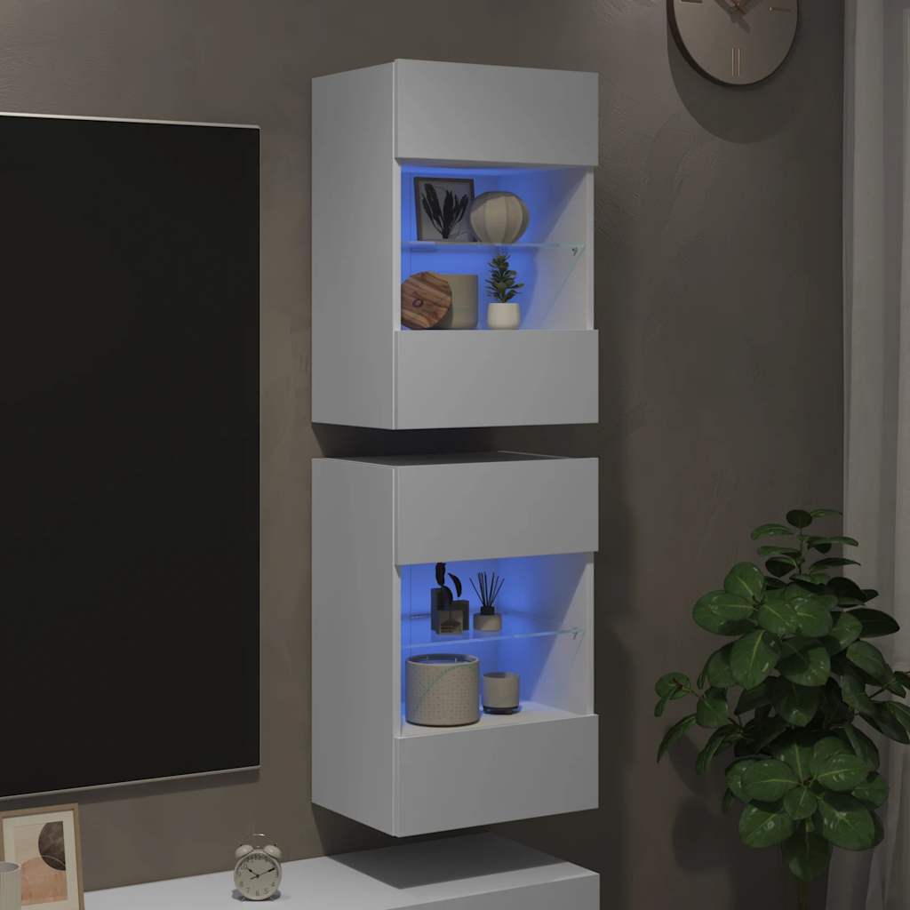 vidaXL Wall Cabinets with LED Lights for TV 2 pcs White 40x30x60,5 cm