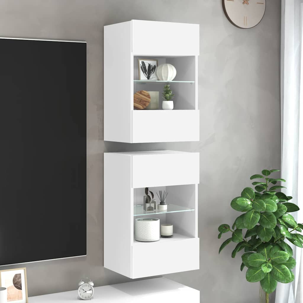 vidaXL Wall Cabinets with LED Lights for TV 2 pcs White 40x30x60,5 cm