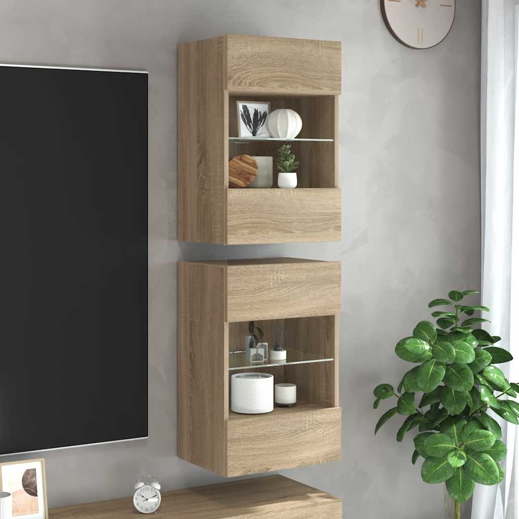 vidaXL Wall Cabinets with LED Lights for TV 2 pcs Sonoma Oak 40x30x60,5 cm