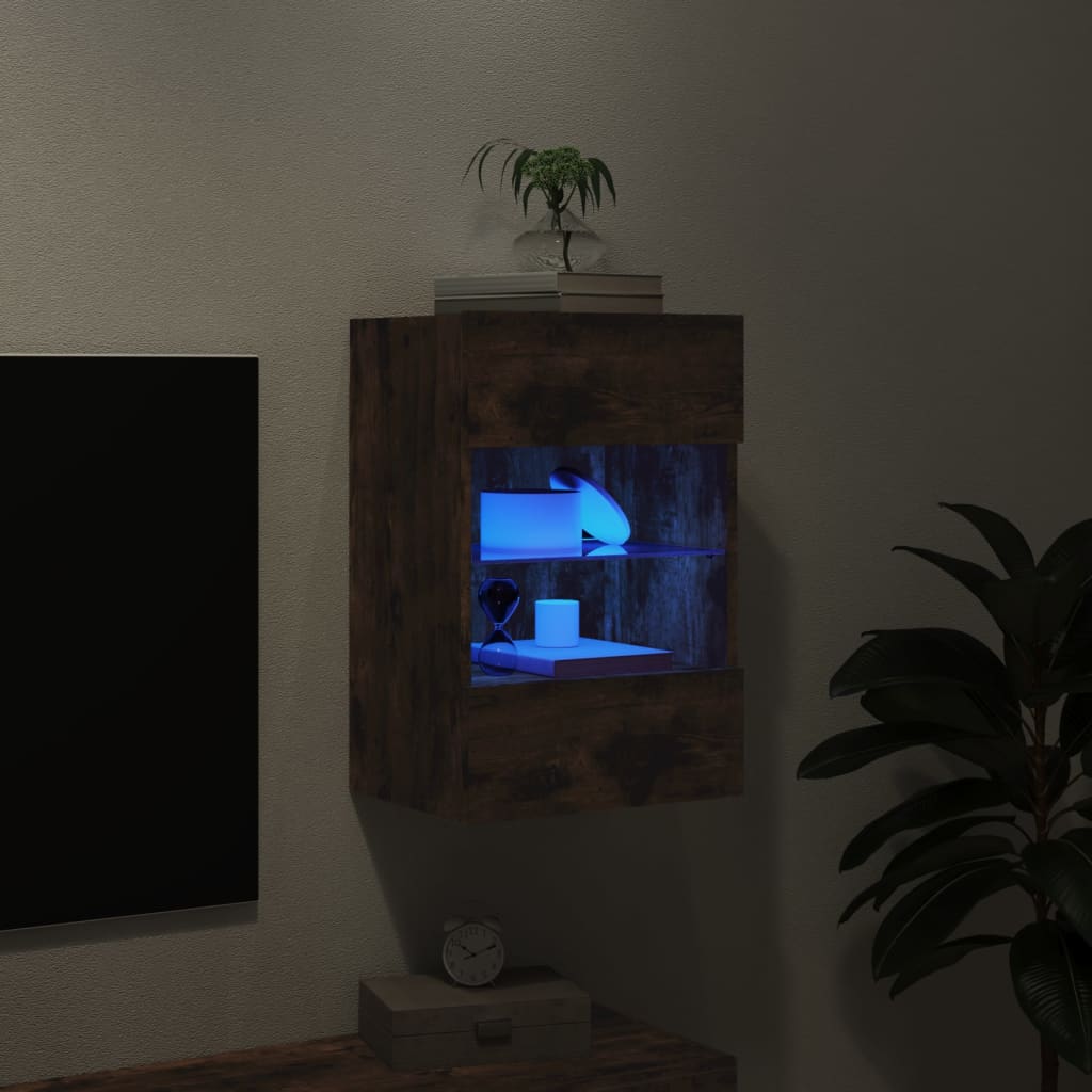 vidaXL TV Wall Cabinet with LED Lights Smoked Oak 40x30x60,5 cm