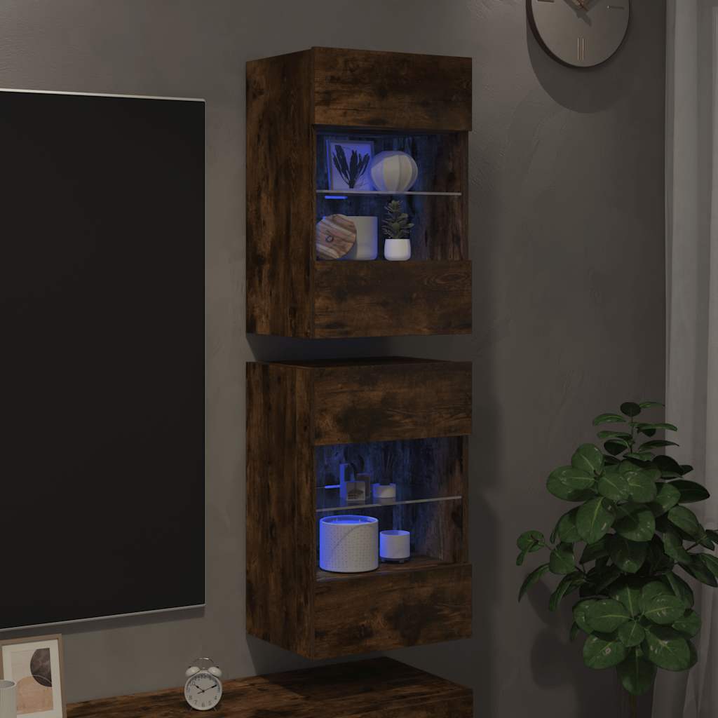vidaXL Wall Cabinets with LED Lights for TV 2 pcs Smoked Oak 40x30x60.5 cm