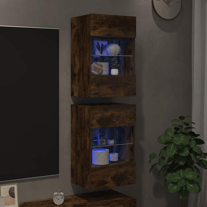 vidaXL Wall Cabinets with LED Lights for TV 2 pcs Smoked Oak 40x30x60.5 cm