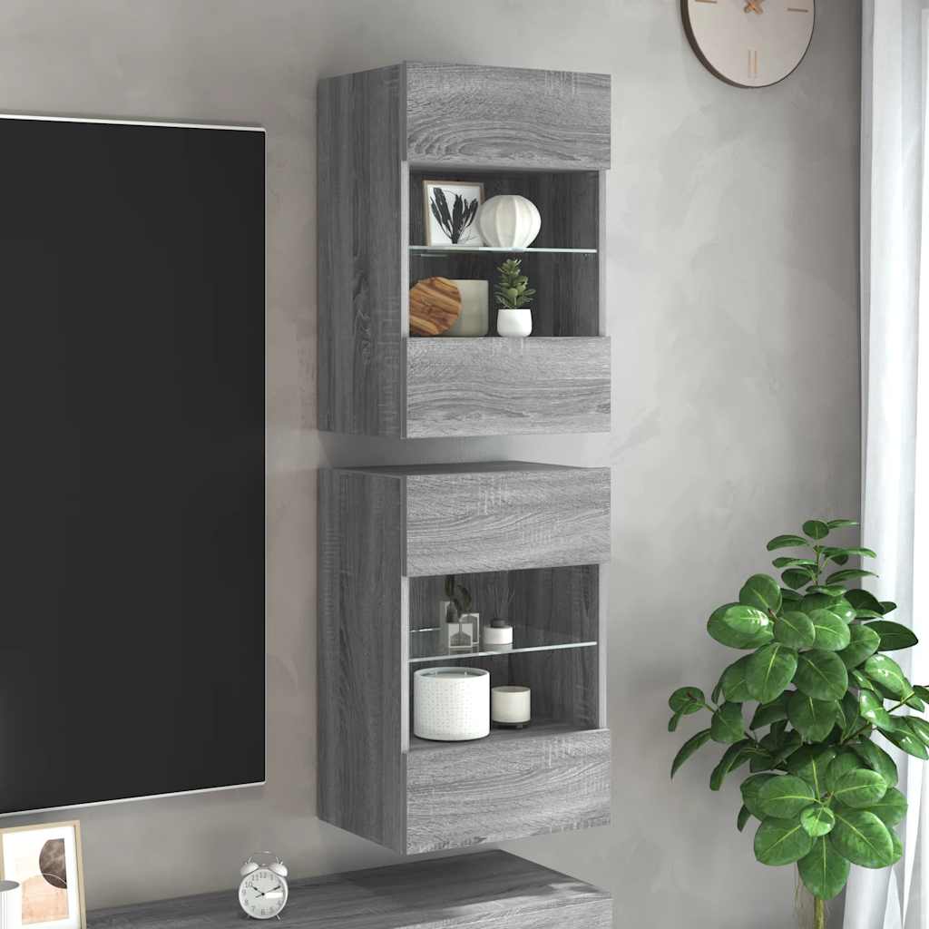 vidaXL Wall Cabinets with LED Lights for TV 2 pcs Grey Sonoma 40x30x60,5 cm