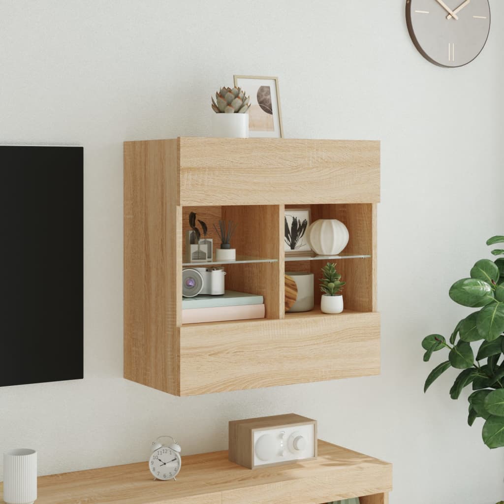 vidaXL TV Wall Cabinet with LED Lights Sonoma Oak 58.5x30x60.5 cm
