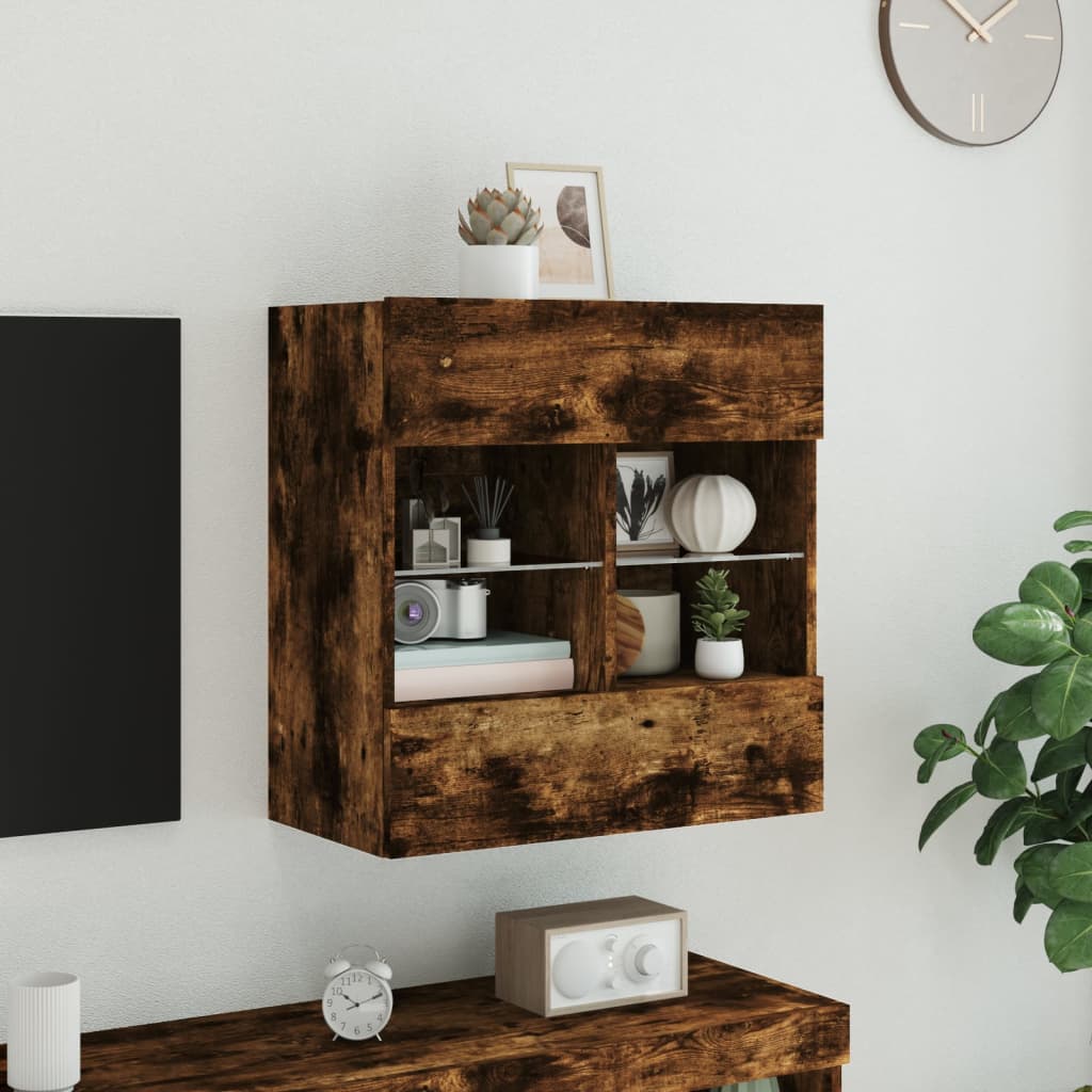 vidaXL TV Wall Cabinet with LED Lights Smoked Oak 58.5x30x60.5 cm