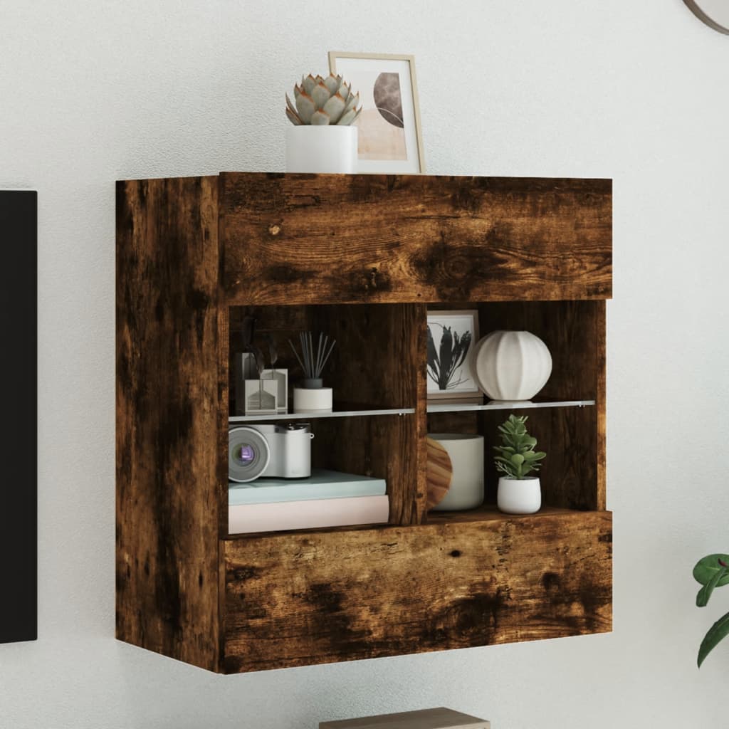 vidaXL TV Wall Cabinet with LED Lights Smoked Oak 58.5x30x60.5 cm