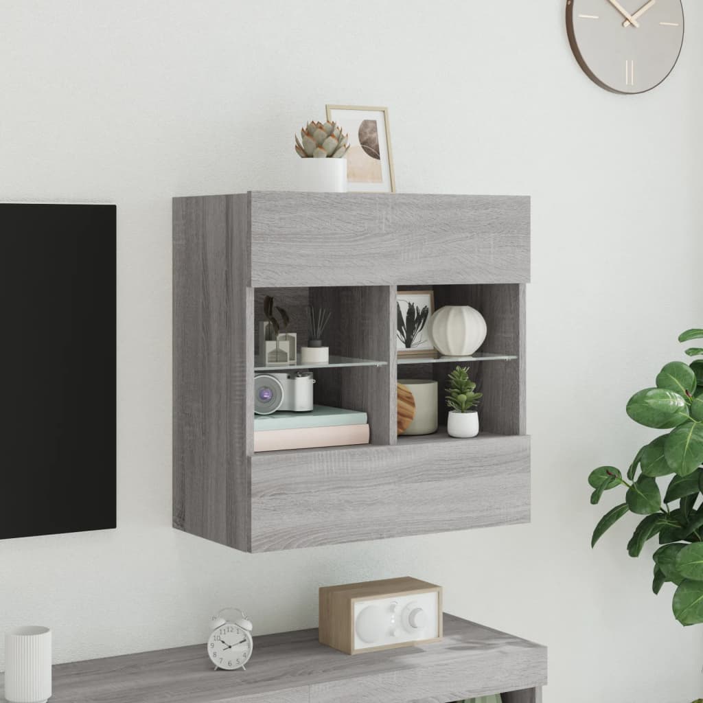 vidaXL TV Wall Cabinet with LED Lights Grey Sonoma 58.5x30x60.5 cm