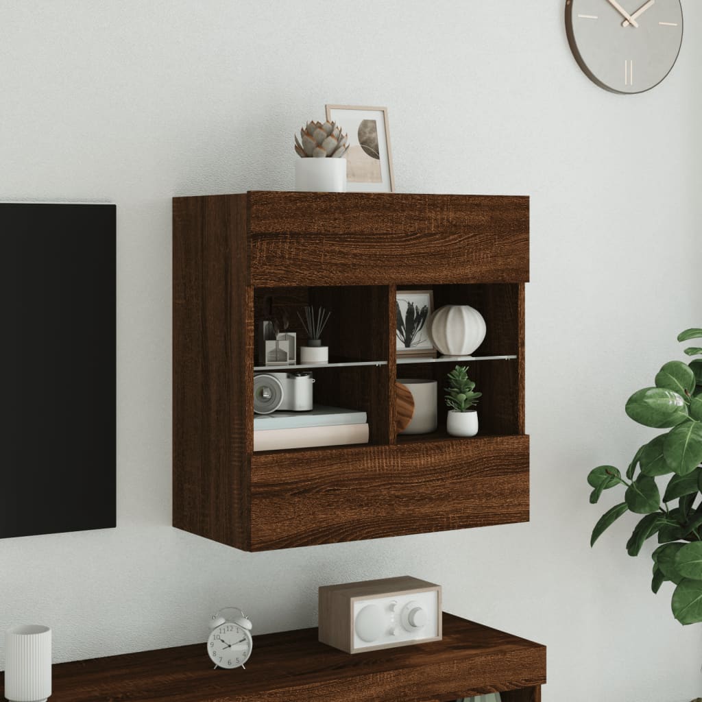 vidaXL TV Wall Cabinet with LED Lights Brown Oak 58,5x30x60,5 cm