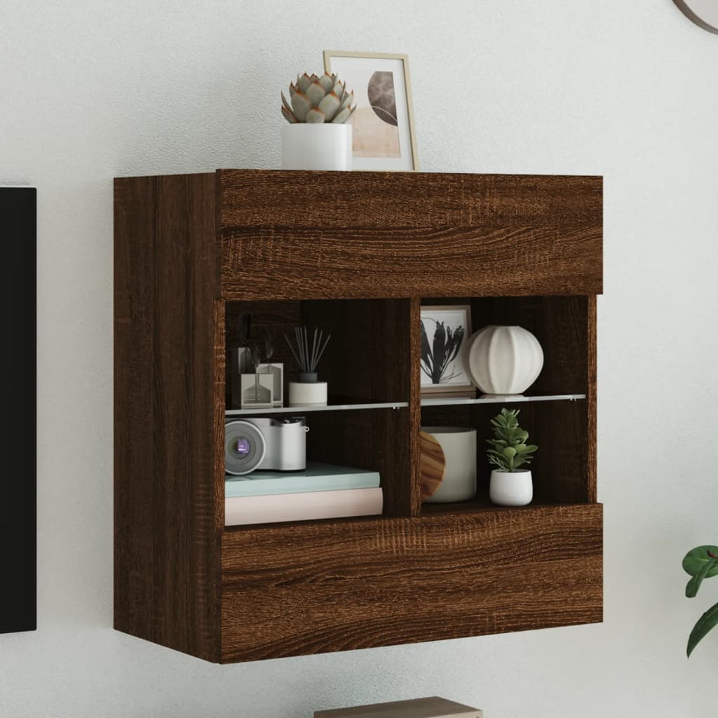 vidaXL TV Wall Cabinet with LED Lights Brown Oak 58,5x30x60,5 cm
