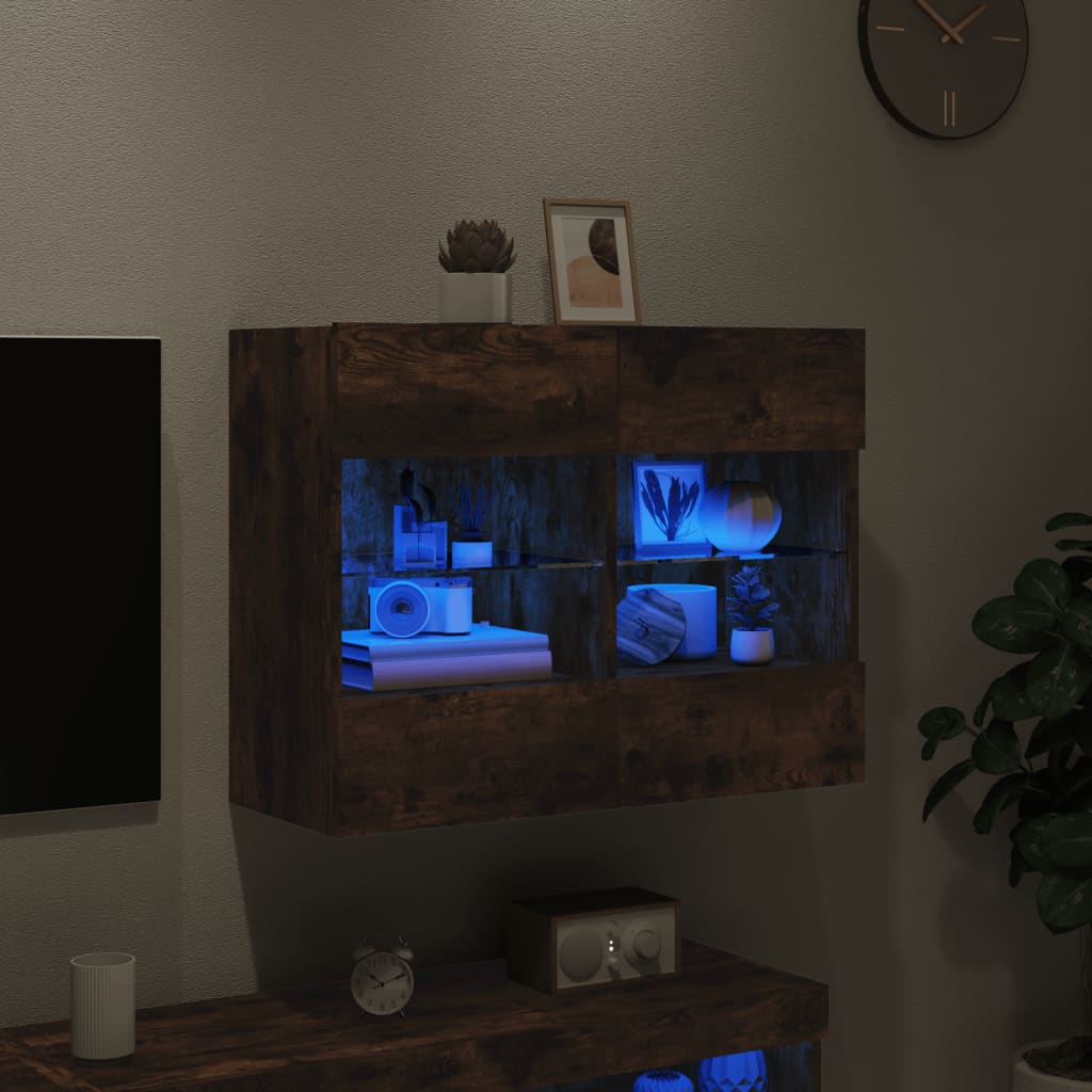 vidaXL TV Wall Cabinet with LED Lights Smoked Oak 78,5x30x60,5 cm