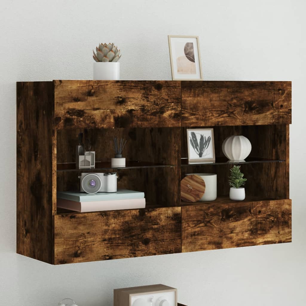 vidaXL TV Wall Cabinet with LED Lights Smoked Oak 98,5x30x60,5 cm