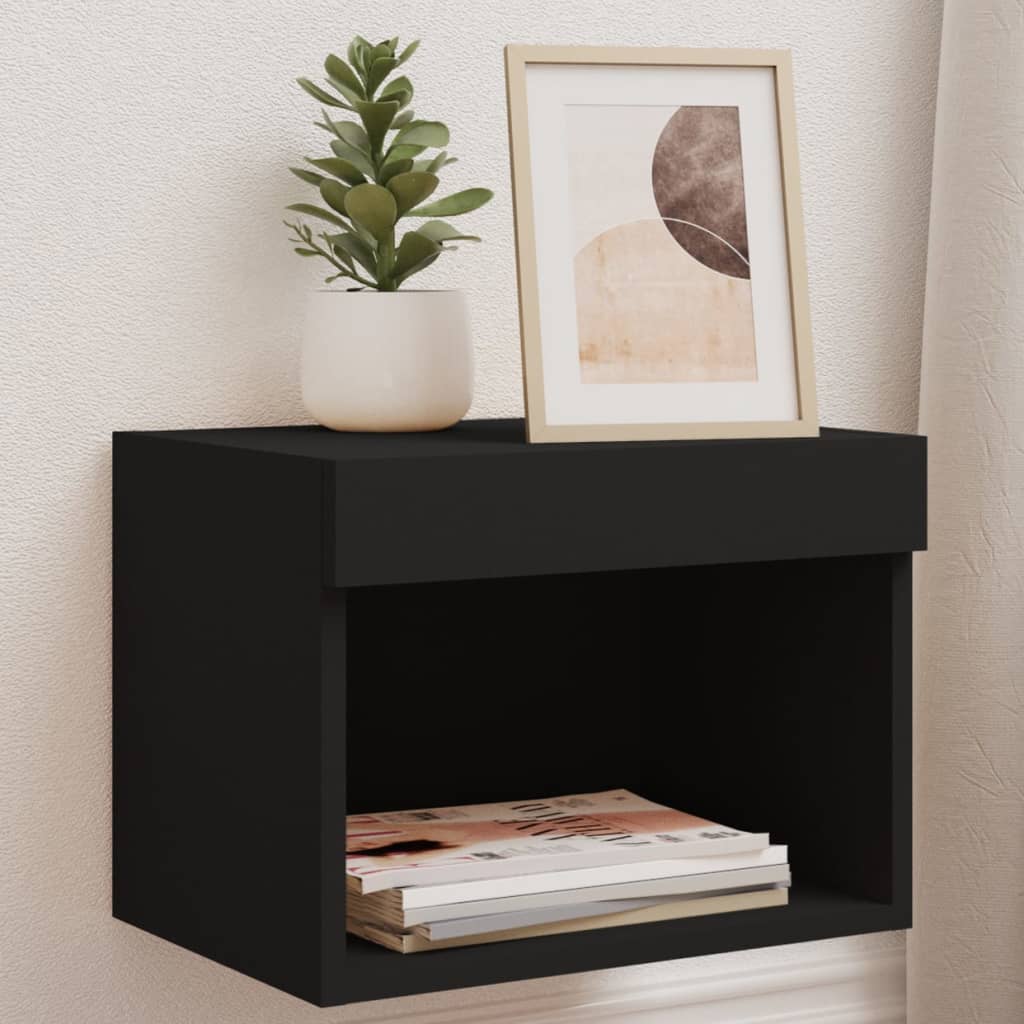 vidaXL Bedside Cabinet with LED Lights Wall-mounted Black