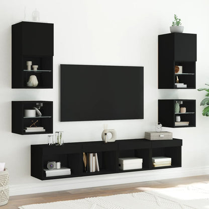 vidaXL Bedside Cabinets with LED Lights Wall-mounted 2 pcs Black