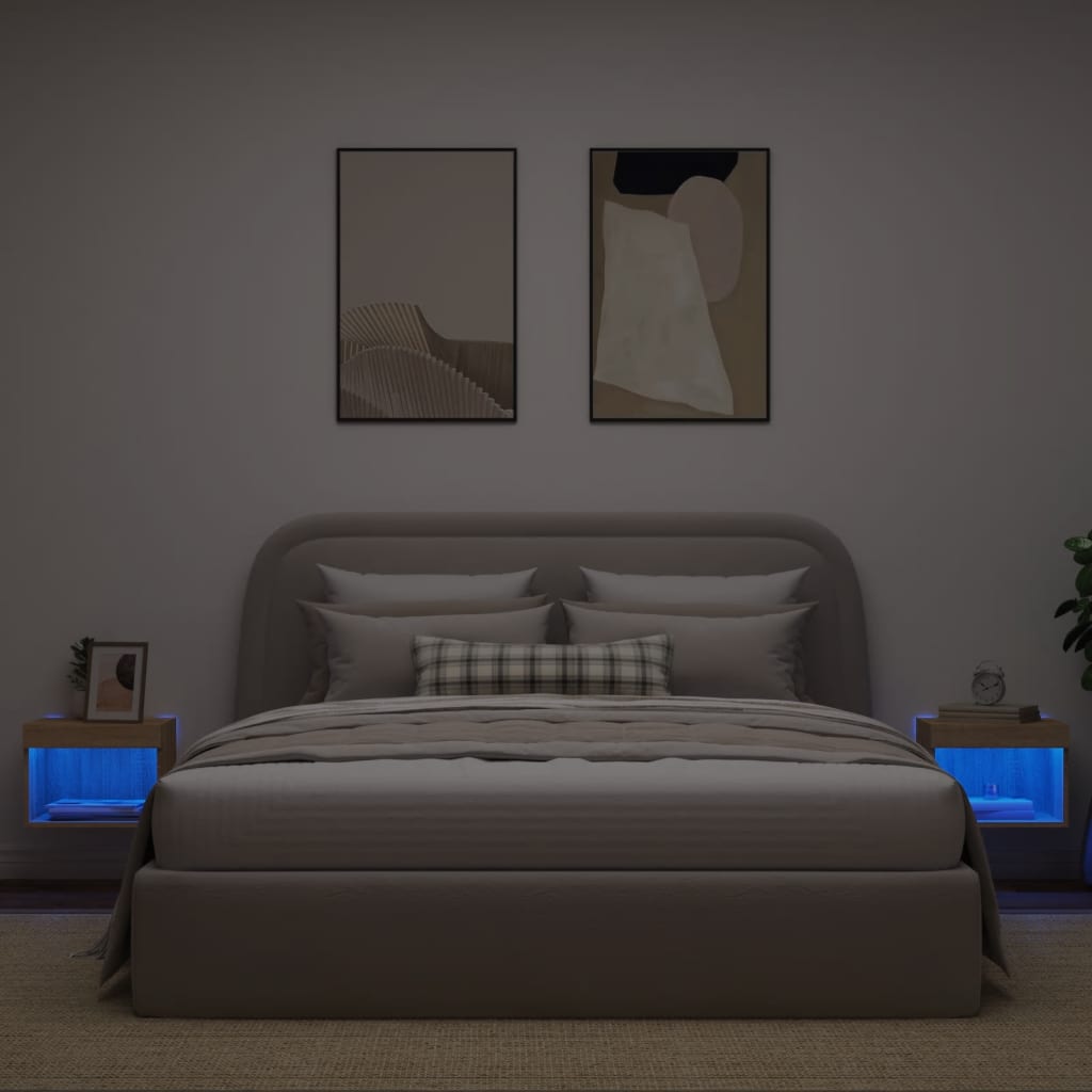 vidaXL Bedside Cabinets with LED Lights Wall-mounted 2 pcs Sonoma Oak