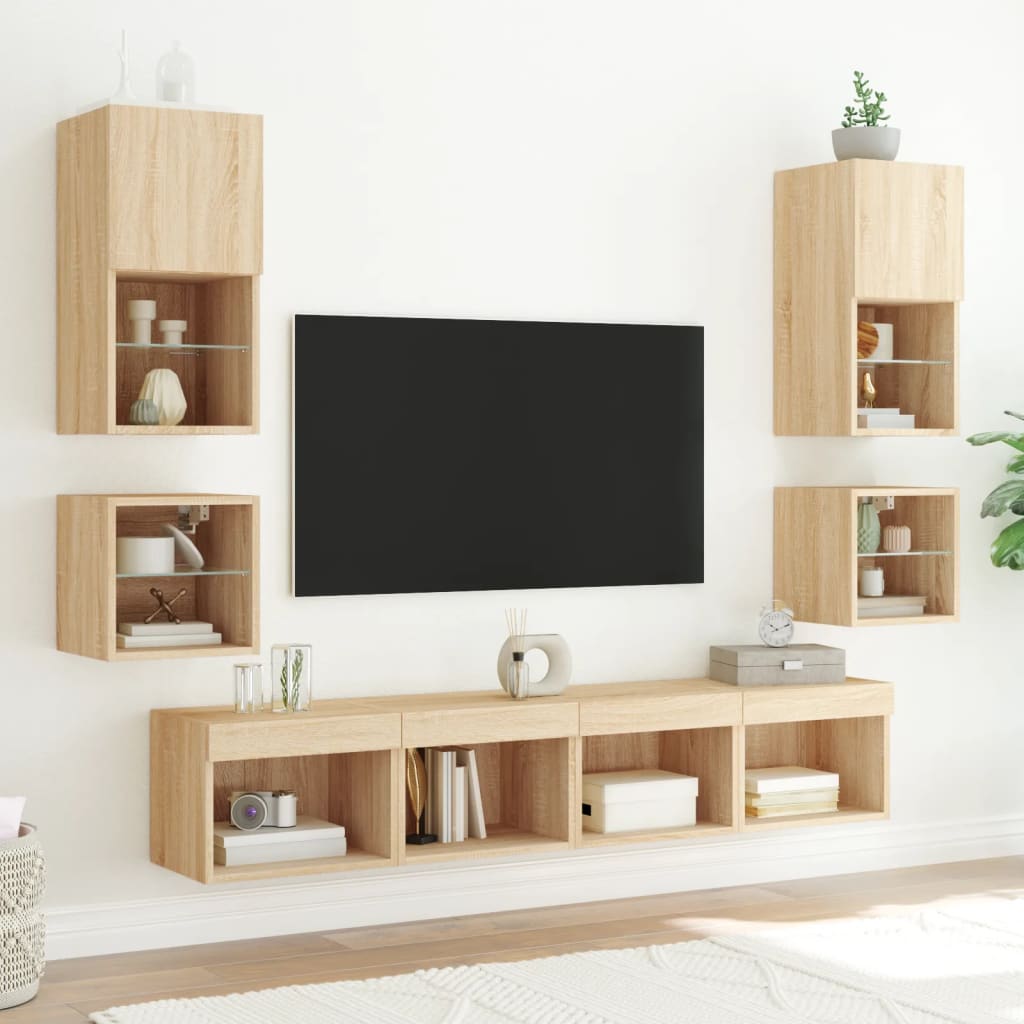 vidaXL Bedside Cabinets with LED Lights Wall-mounted 2 pcs Sonoma Oak