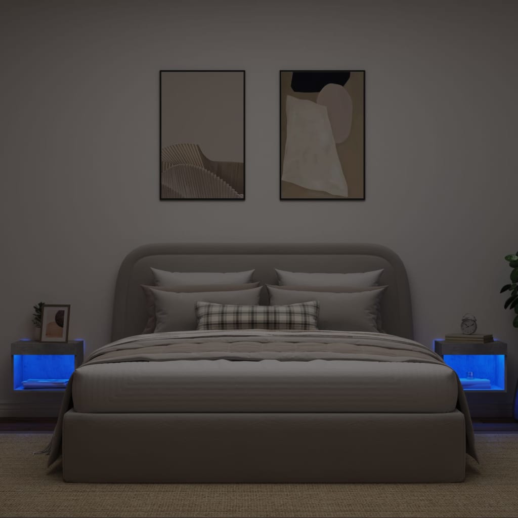 vidaXL Bedside Cabinets with LED Lights Wall-mounted 2 pcs Concrete Grey