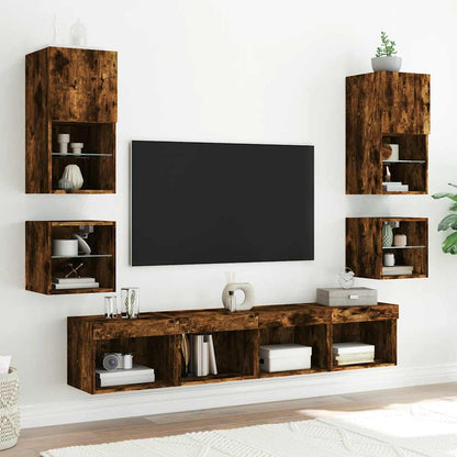 vidaXL Bedside Cabinet with LED Lights Wall-mounted Smoked Oak