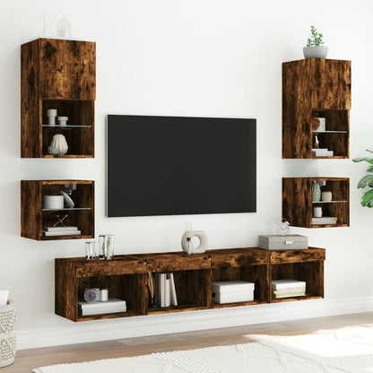 vidaXL Bedside Cabinets with LED Lights Wall-mounted 2 pcs Smoked Oak