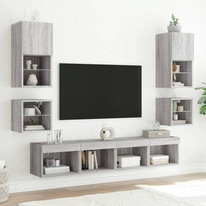 vidaXL Bedside Cabinets with LED Lights Wall-mounted 2 pcs Grey Sonoma