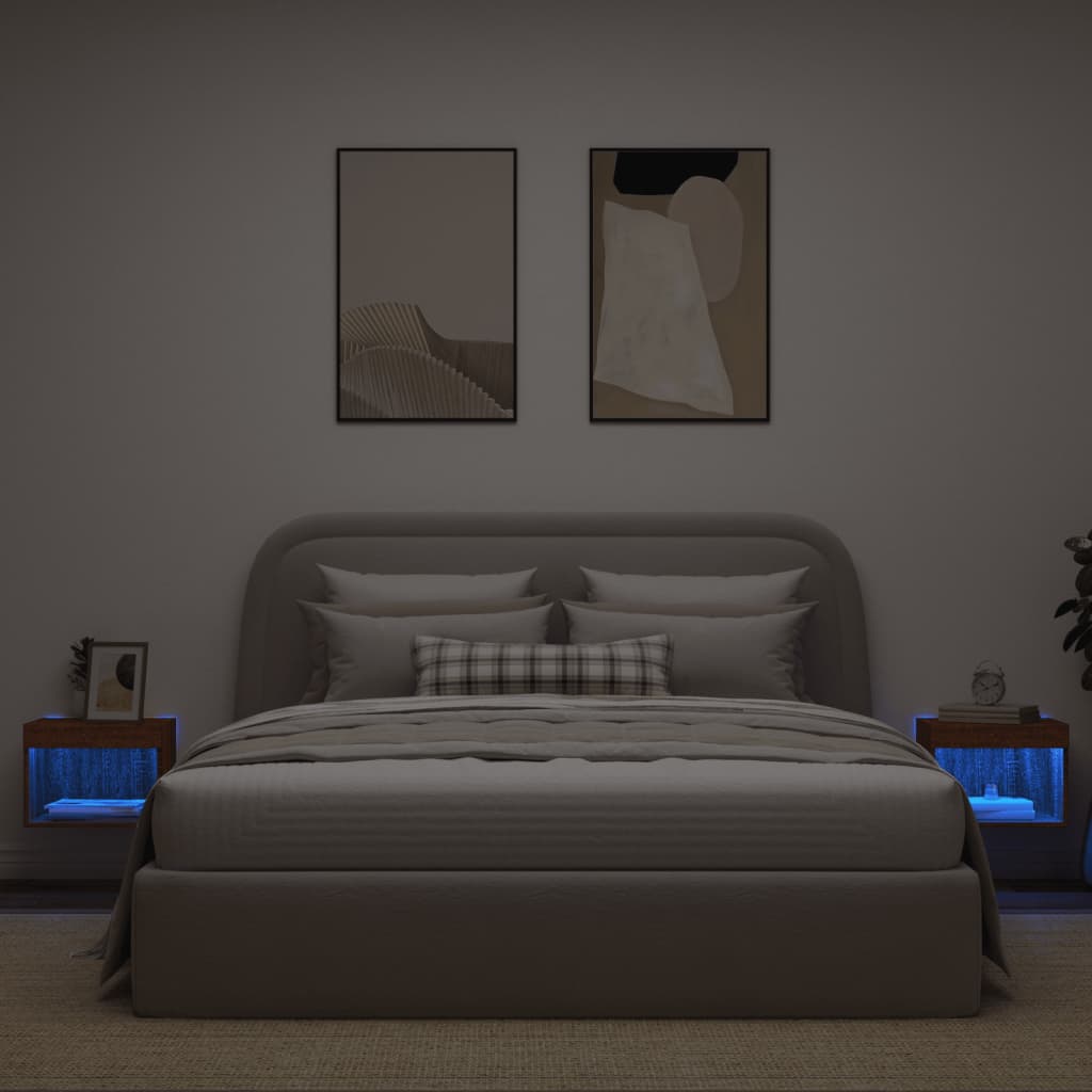vidaXL Bedside Cabinets with LED Lights Wall-mounted 2 pcs Brown Oak