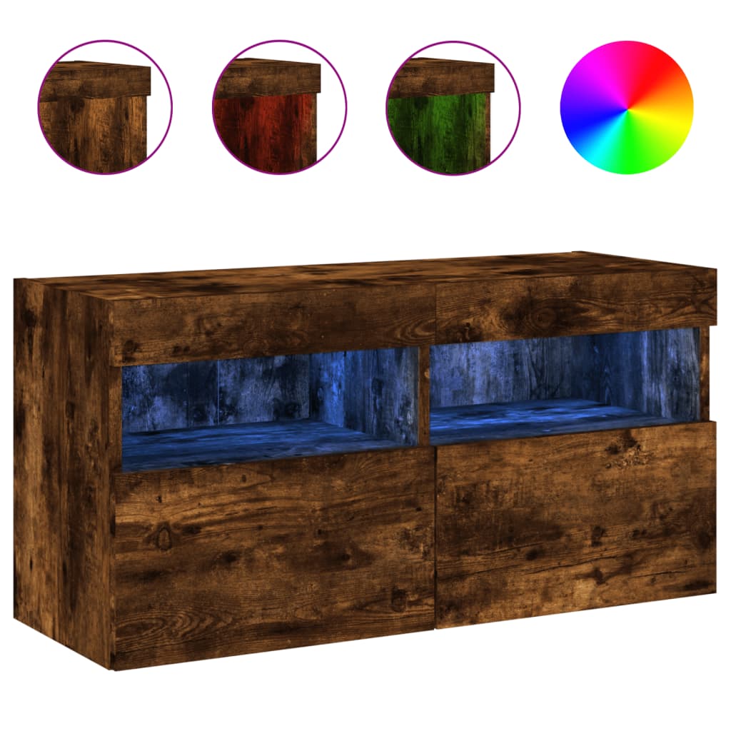 vidaXL TV Wall Cabinet with LED Lights Smoked Oak 80x30x40 cm