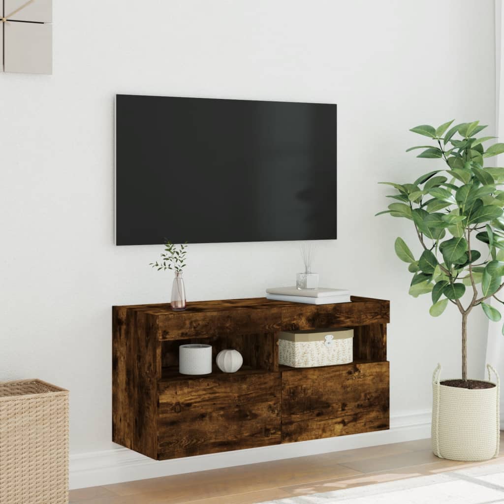 vidaXL TV Wall Cabinet with LED Lights Smoked Oak 80x30x40 cm