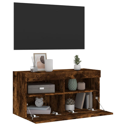 vidaXL TV Wall Cabinet with LED Lights Smoked Oak 80x30x40 cm
