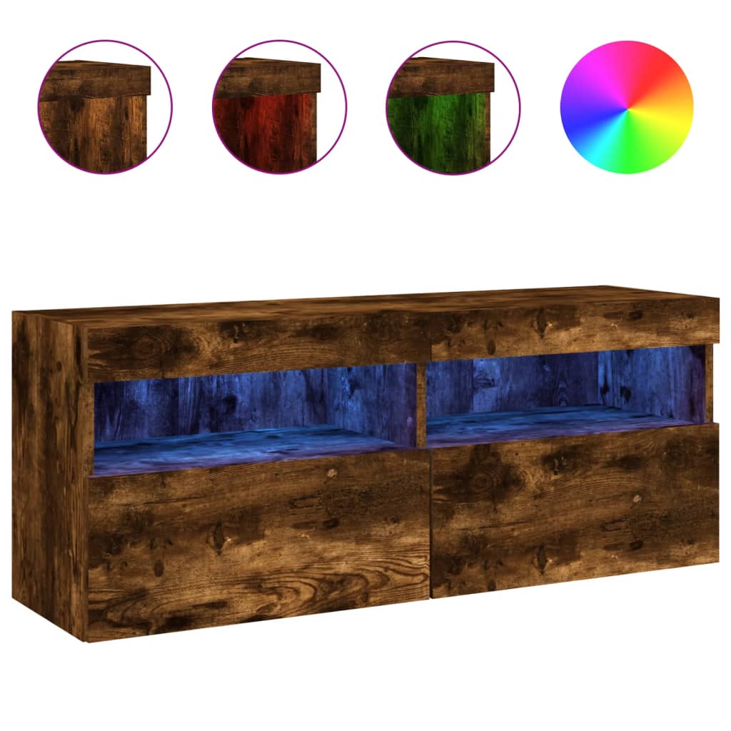 vidaXL TV Wall Cabinet with LED Lights Smoked Oak 100x30x40 cm